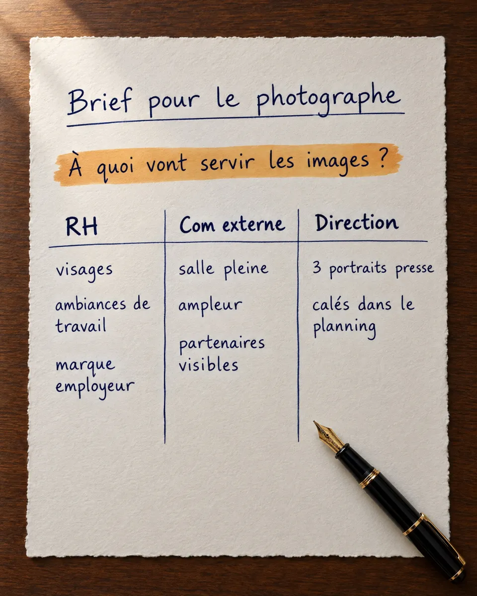 Feuille manuscrite « Brief pour le photographe » : à quoi vont servir les images ? Trois colonnes, RH (visages, ambiances de travail, marque employeur), com externe (salle pleine, ampleur, partenaires visibles), direction (3 portraits presse calés dans le planning).