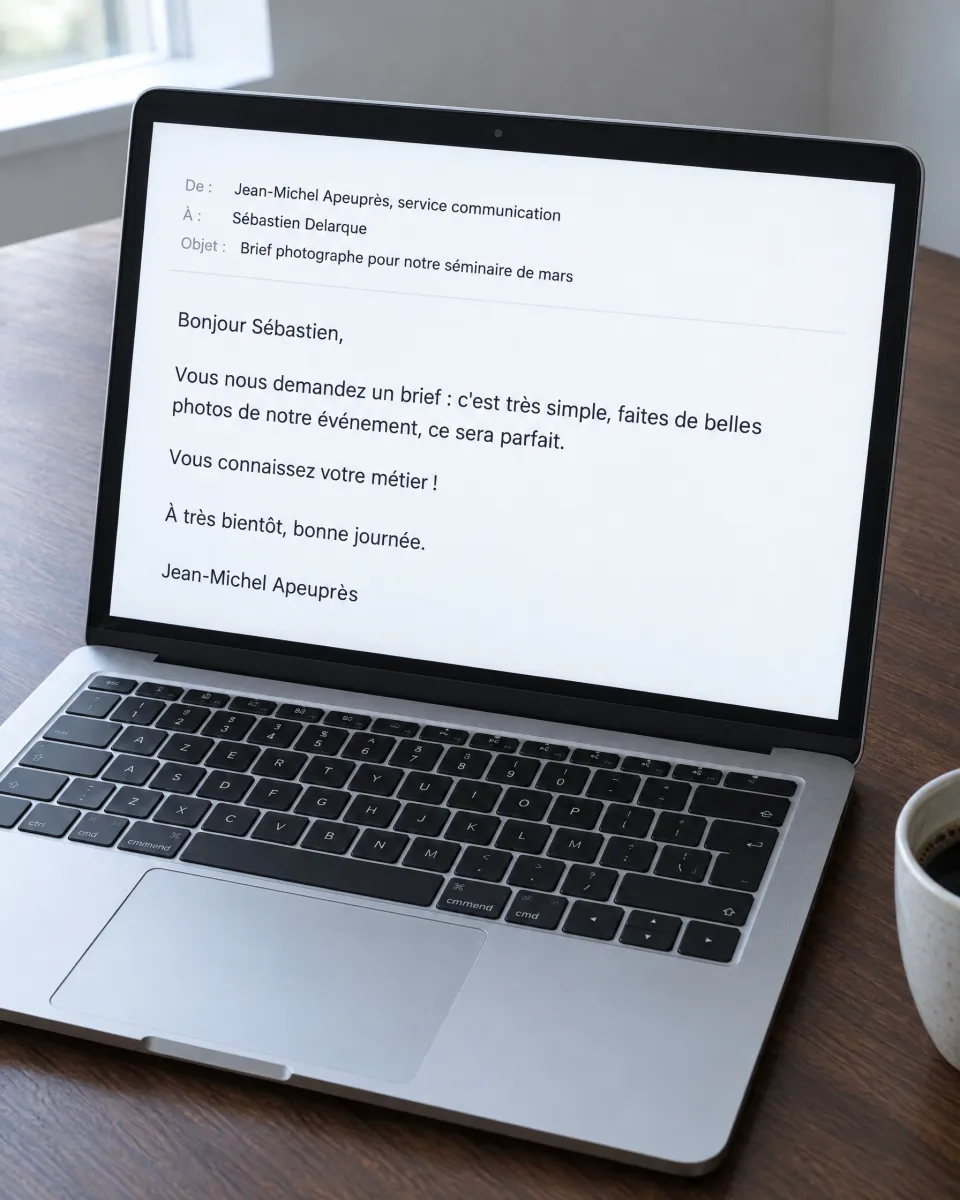 Mail d'un service communication&nbsp;: « Vous nous demandez un brief : c'est très simple, faites de belles photos de notre événement, ce sera parfait. Vous connaissez votre métier ! »