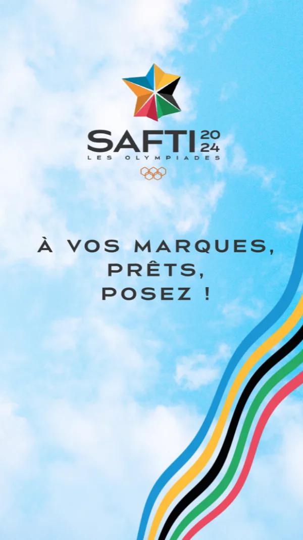 &Eacute;cran d'accueil de la borne aux couleurs de la convention SAFTI 2024 : ciel bleu, logo, et le message &laquo; &Agrave; vos marques, pr&ecirc;ts, posez ! &raquo;